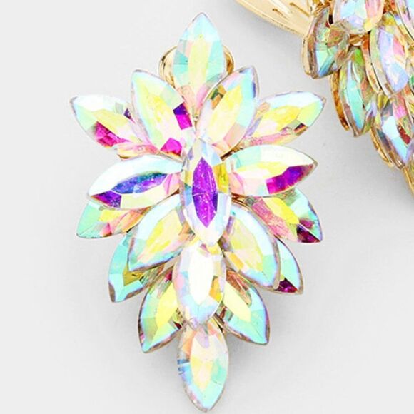 Oval Crystal Aurora Borealis Cluster Clip on Gold Earrings - Picture 2 of 5